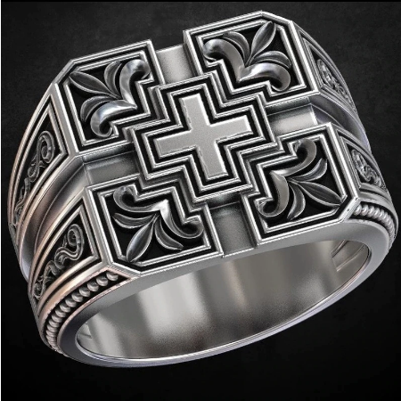 925 Vintage Thai Silver Carved Christian Cross Ring