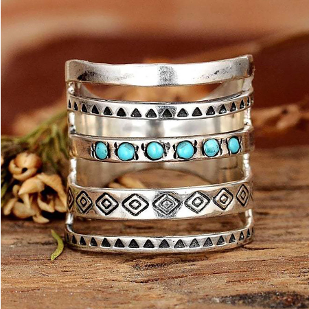 Bohemia Stone Inlaid Finger Ribbed Ring