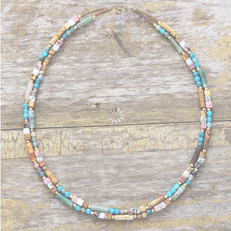 Dual Band Semi-Precious Stone 18" Necklace/Choker (Tan/Blue)