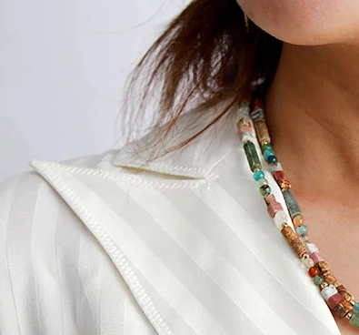 Dual Band Semi-Precious Stone 18" Necklace/Choker (Tan/Blue)