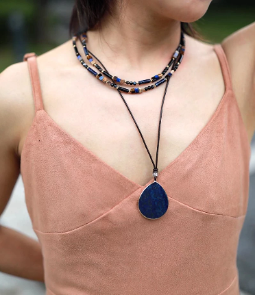 Dual Band Semi-Precious Stone 18" Necklace/Choker (Dark Blue)