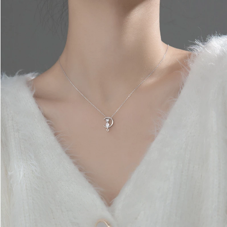 CZ Zircon Exquisite Moon and Cat Necklace Real 925 Sterling Silver