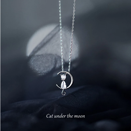 CZ Zircon Exquisite Moon and Cat Necklace Real 925 Sterling Silver