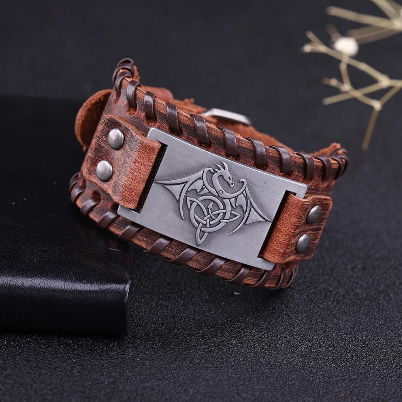 Viking Winged Dragon Leather Bracelet (Black or Brown)