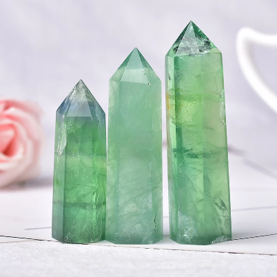 100% Natural Green Fluorite Hexagonal Quartz Wand