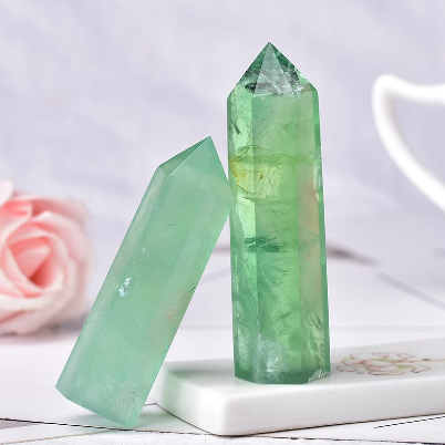 100% Natural Green Fluorite Hexagonal Quartz Wand