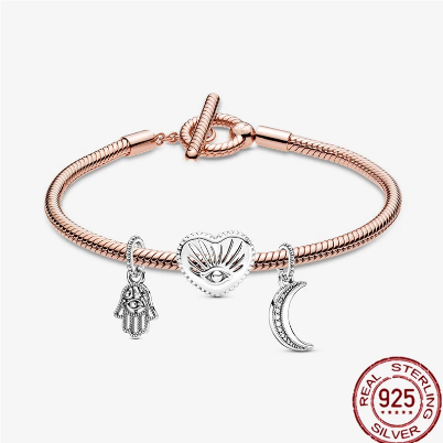 925 Sterling Silver Rose Gold T-Bar Snake Chain Charm Bracelet