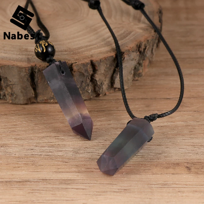 Natural Stone Fluorite Bullet Hexagonal Pendant Necklace
