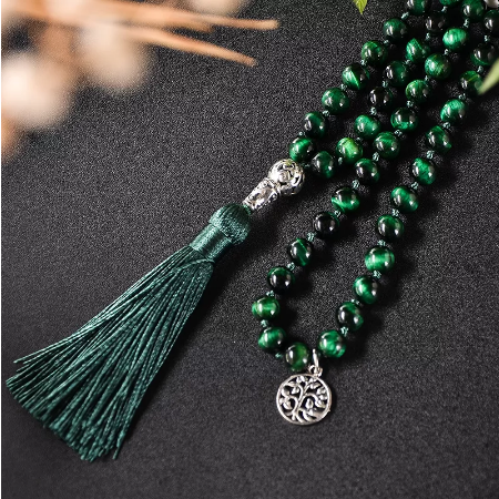 Natural Tiger Eye Mala With Tassel (Yellow or Green)