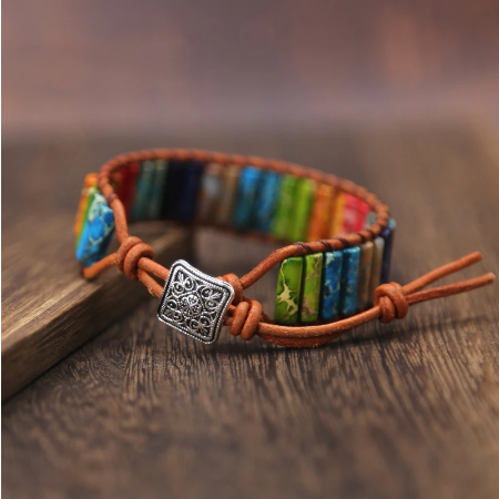 Chakra Multi Color Natural Stone Tube Beads Leather Wrap Bracelet