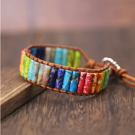 Chakra Multi Color Natural Stone Tube Beads Leather Wrap Bracelet