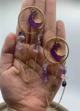 Amethyst Crescent Moon Pentagram Earrings