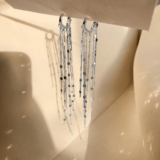 925 Sterling Silver Hand-Made Long Chain Tassel Heart Hoop Earrings