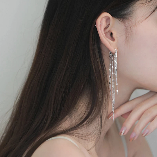 925 Sterling Silver Hand-Made Long Chain Tassel Heart Hoop Earrings