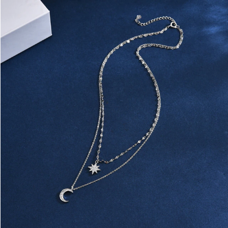 925 Star Crescent Moon Necklace Dual Chain