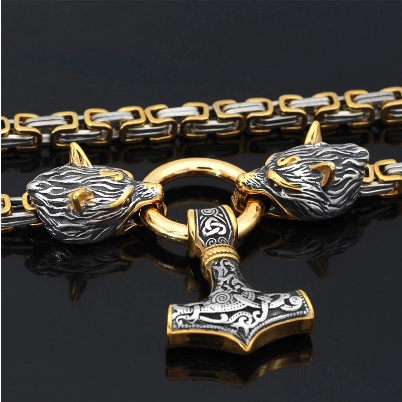 Dual Wolf Head Necklace Mix Gold Cross Norse Amulet Pendant