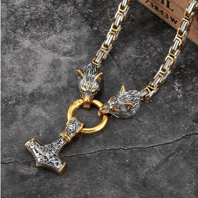 Dual Wolf Head Necklace Mix Gold Cross Norse Amulet Pendant