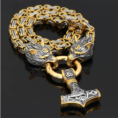 Dual Wolf Head Necklace Mix Gold Cross Norse Amulet Pendant