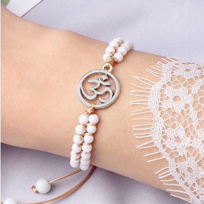 Om Sacred Symbol Natural White Onyx Alabaster 4mm Stone Bracelet (2 Types)