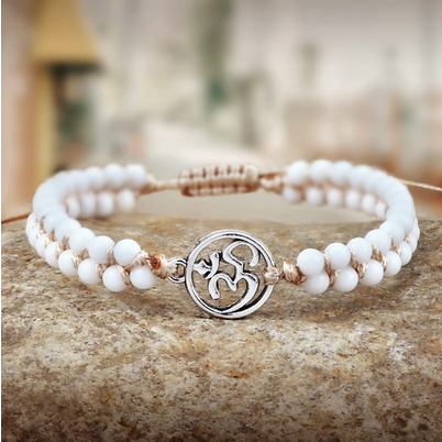 Om Sacred Symbol Natural White Onyx Alabaster 4mm Stone Bracelet (2 Types)