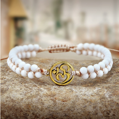 Om Sacred Symbol Natural White Onyx Alabaster 4mm Stone Bracelet (2 Types)