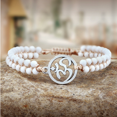 Om Sacred Symbol Natural White Onyx Alabaster 4mm Stone Bracelet (2 Types)