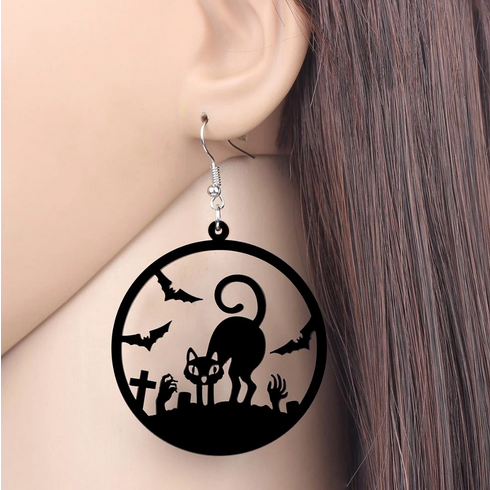 Acrylic Round Hollow Black Cat Bat Zombie Hand Cross Earrings