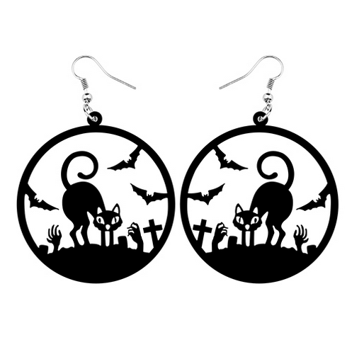 Acrylic Round Hollow Black Cat Bat Zombie Hand Cross Earrings