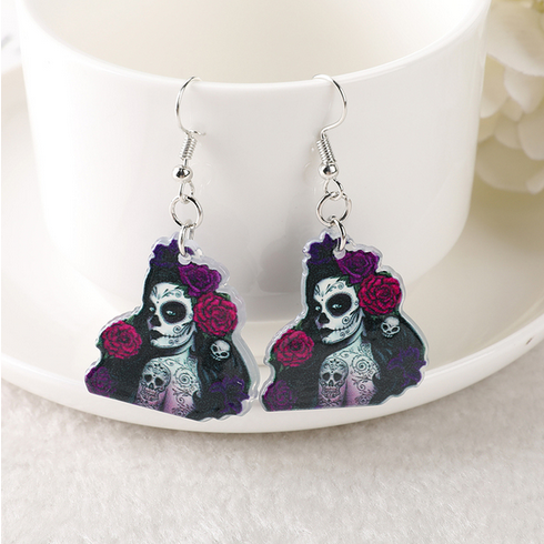 Acrylic Day of Dead Rose Skull Woman Earrings
