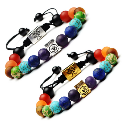 Chakra Natural Stone Bracelet W/ Sacred Om and Tree Of Life Symbols (2 styles)