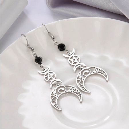 Wicca Triple Moon Pentagram Celtic Crescent Drop Earrings