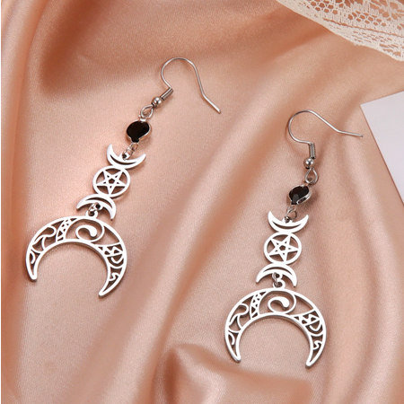 Wicca Triple Moon Pentagram Celtic Crescent Drop Earrings