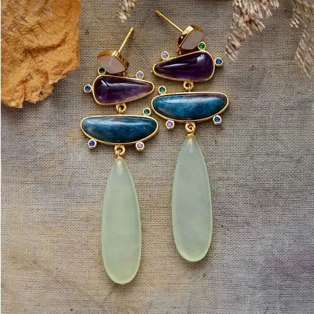 Premium Amethyst, Jade, Apatite Chandelier Stud Earring