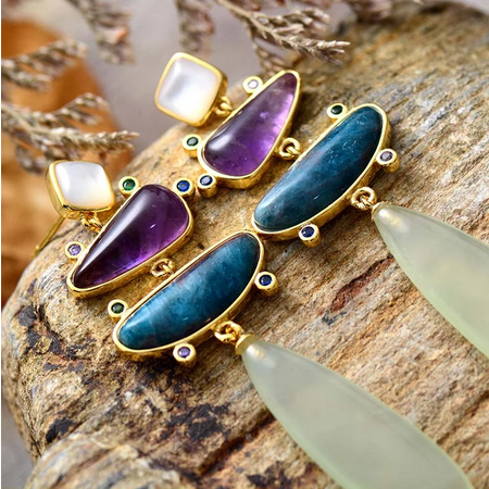 Premium Amethyst, Jade, Apatite Chandelier Stud Earring