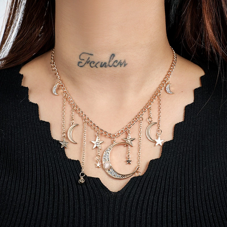 Vintage Bohemian Tassel Crystal Moon Stars Necklace