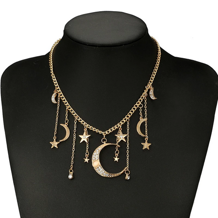 Vintage Bohemian Tassel Crystal Moon Stars Necklace