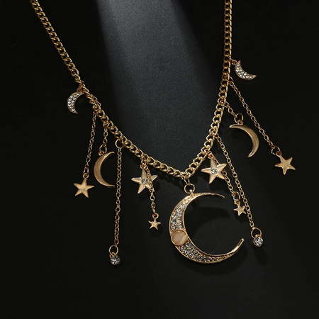 Vintage Bohemian Tassel Crystal Moon Stars Necklace
