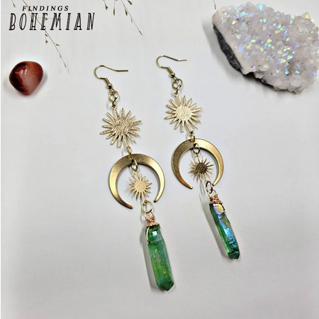 Witchy Celestial Green Aura Quartz Crystal Earrings