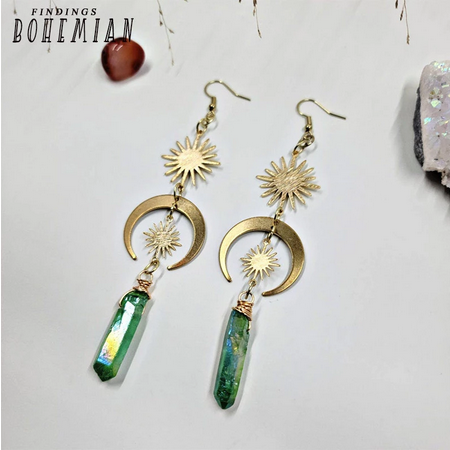 Witchy Celestial Green Aura Quartz Crystal Earrings