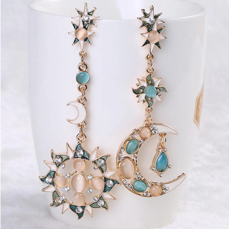 Star Sun Moon Rhinestone Crystal Dangle Stud Earrings