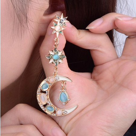 Star Sun Moon Rhinestone Crystal Dangle Stud Earrings