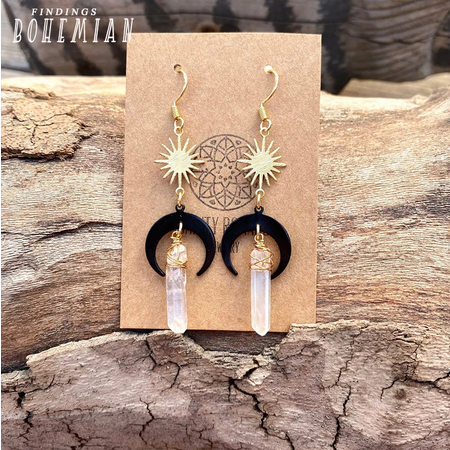 Sun and Moon Natural Clear Quartz Aura Crystal Earrings
