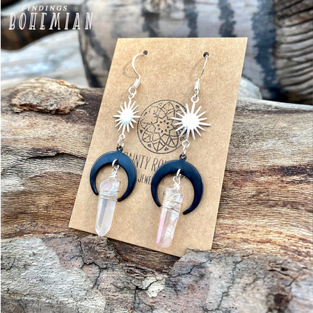 Sun and Moon Natural Clear Quartz Aura Crystal Earrings