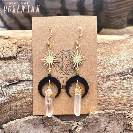Sun and Moon Natural Clear Quartz Aura Crystal Earrings