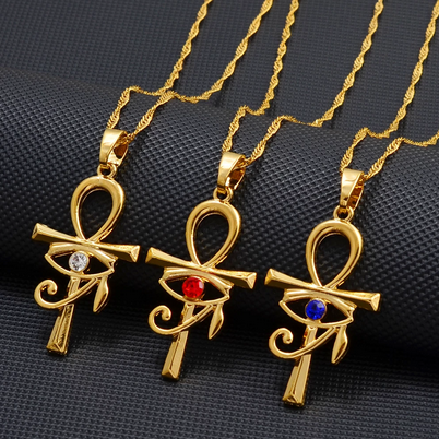 Ancient Egypt Horus Eye Ankh 18K Gold Plated Rhinestone Necklace (3 Colors)
