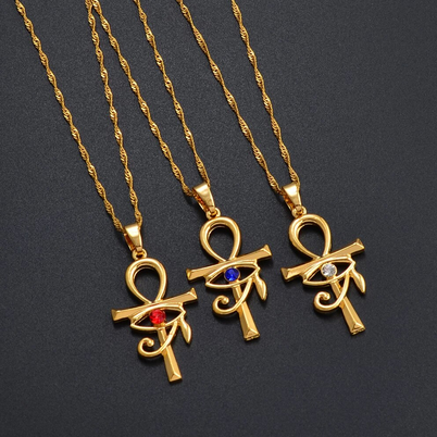 Ancient Egypt Horus Eye Ankh 18K Gold Plated Rhinestone Necklace (3 Colors)