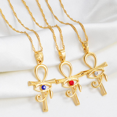 Ancient Egypt Horus Eye Ankh 18K Gold Plated Rhinestone Necklace (3 Colors)