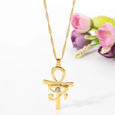 Ancient Egypt Horus Eye Ankh 18K Gold Plated Rhinestone Necklace (3 Colors)