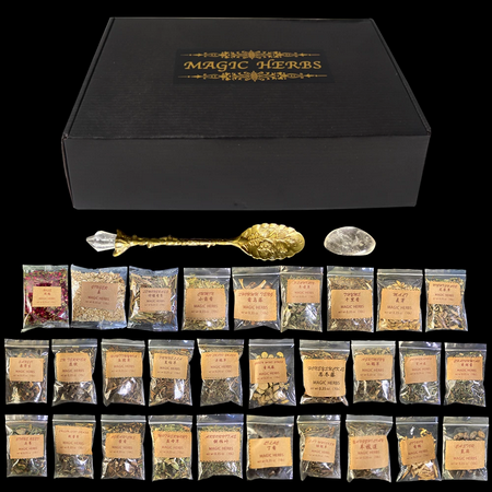 Antique 30 Herbs Witchcraft Toolkit Dried Herb Kit with Magic Crystal Spoon