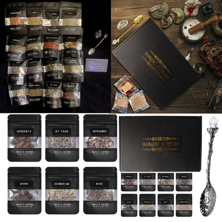 Antique 30 Herbs Witchcraft Toolkit Dried Herb Kit with Magic Crystal Spoon